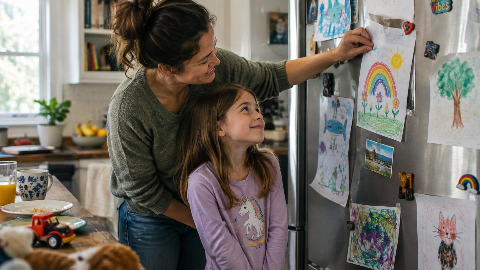 Un enfant présente son dessin coloré à ses parents souriants, qui l'examinent attentivement avant de l'accrocher sur la porte du réfrigérateur avec un aimant.