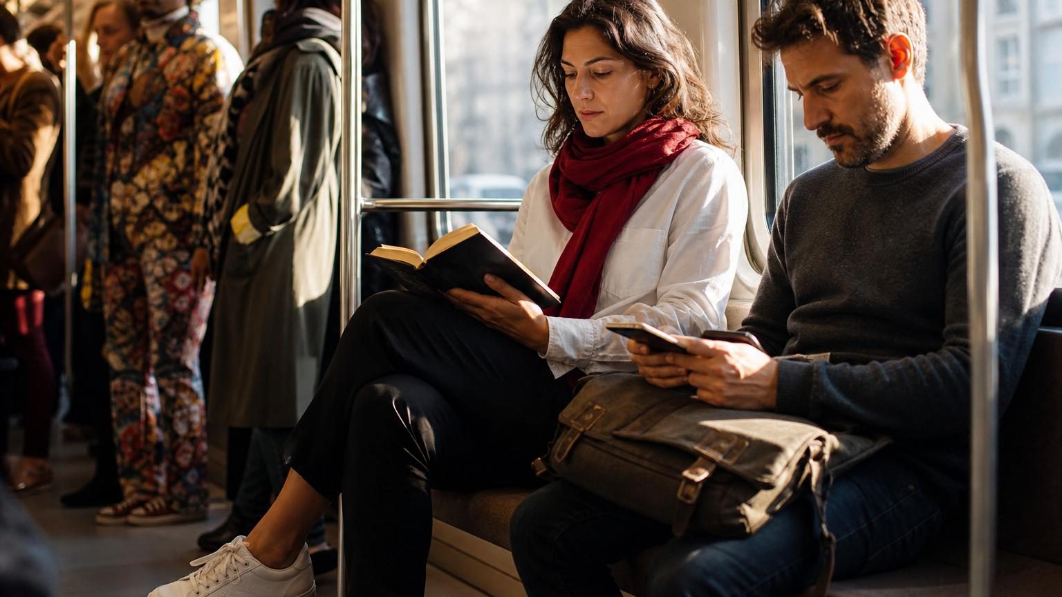Femme en pantalon noir et chemise blanche froissée lisant dans le métro; homme portant un pull gris usé avec un sac fatigué, illustrant une allure décontractée et disponible pour penser.