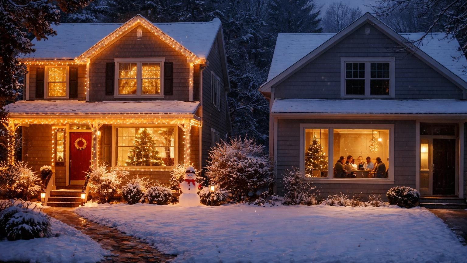 Deux maisons mitoyennes : l'une brillamment illuminée avec guirlandes et décor de jardin, l'autre avec une façade sobre et éteinte, illustrant deux approches différentes de la célébration de Noël.