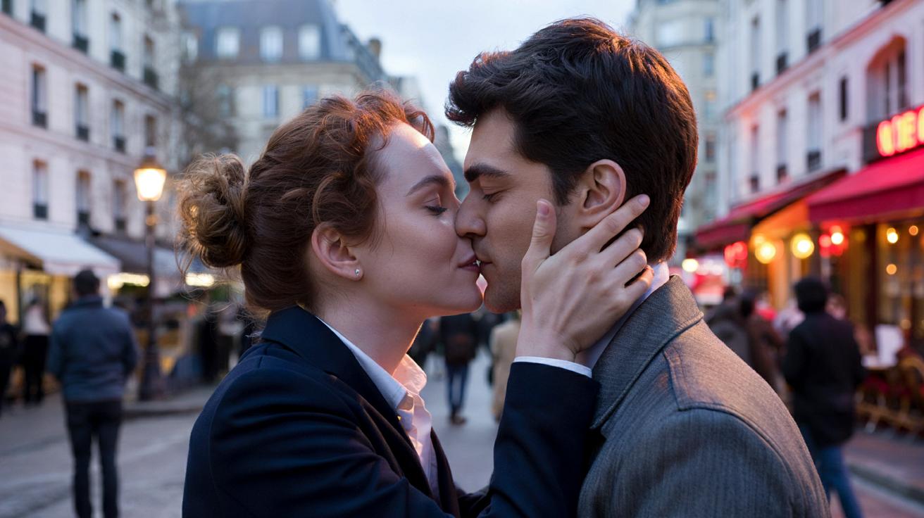 Deux personnes partageant un moment d'intimité romantique, le premier baiser symbolisant la connexion émotionnelle et la chimie entre deux partenaires.