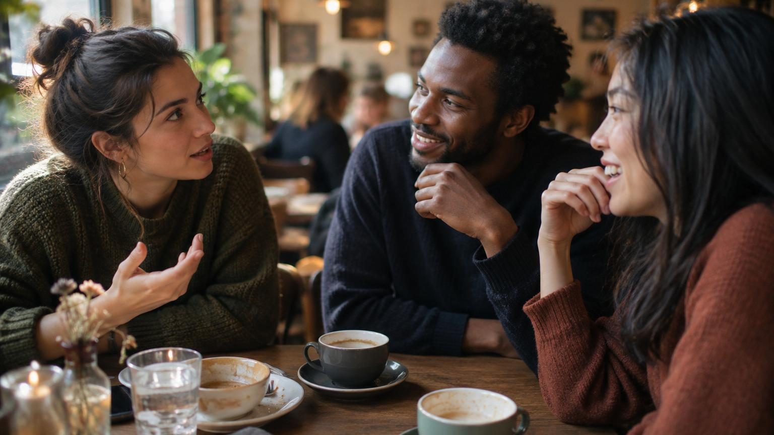 Deux personnes discutent autour d'une tasse de café, penchées l'une vers l'autre dans une attitude d'écoute attentive, exprimant l'engagement et la curiosité authentique d'une conversation enrichissante.