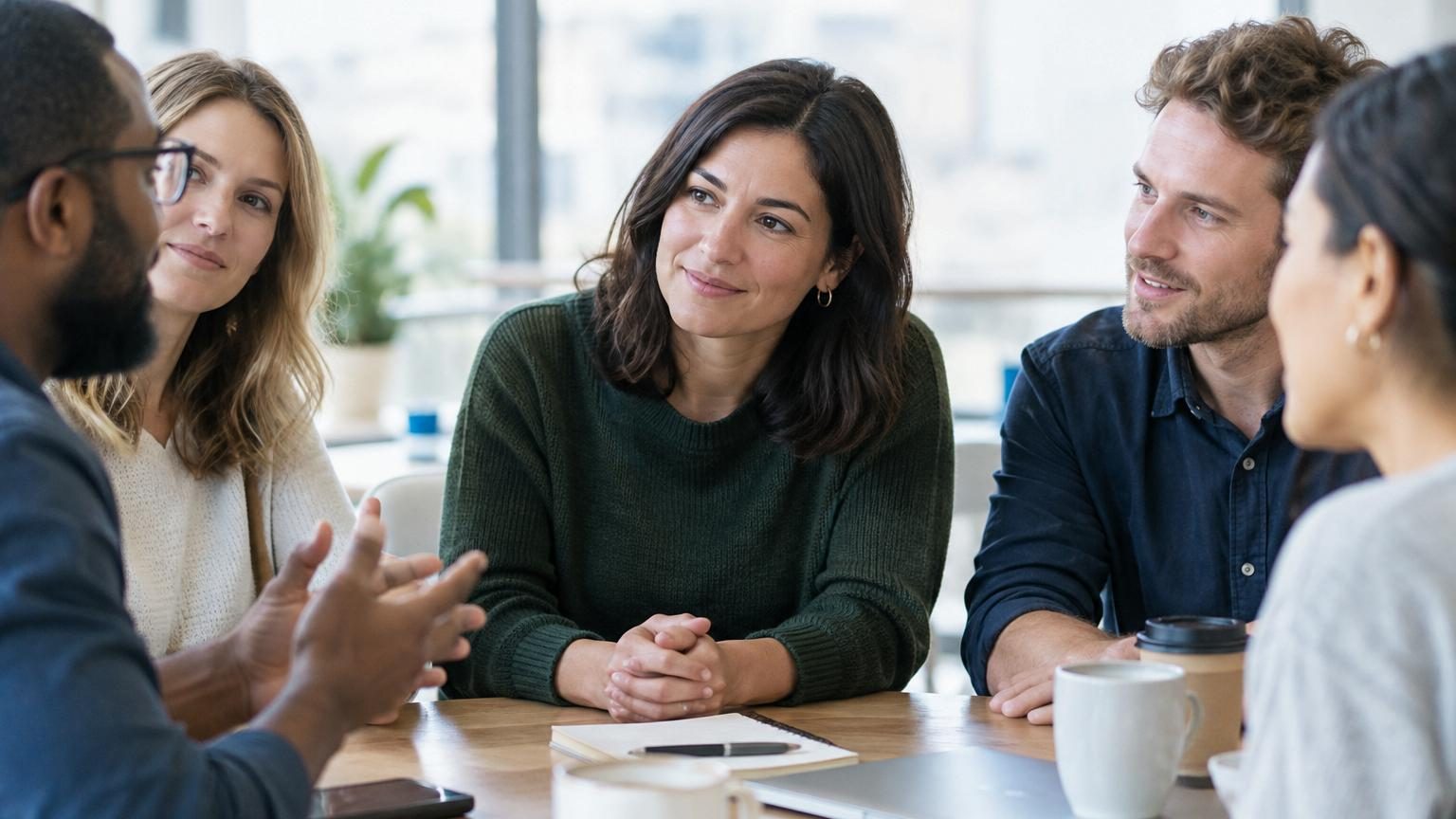 Personne parmi d'autres lors d'une réunion professionnelle, posture droite et assurée, s'exprimant avec confiance et regard direct.