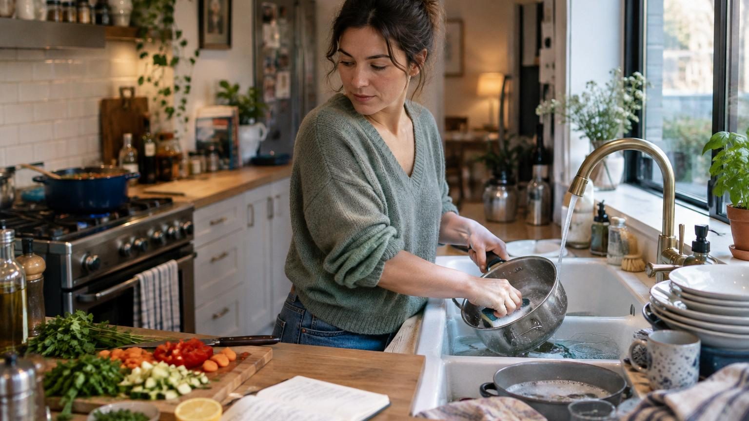 Gros plan sur deux mains lavant une assiette sous l'eau courante dans un évier, avec de la mousse savonneuse, illustrant le geste de faire la vaisselle en temps réel pendant la cuisine.