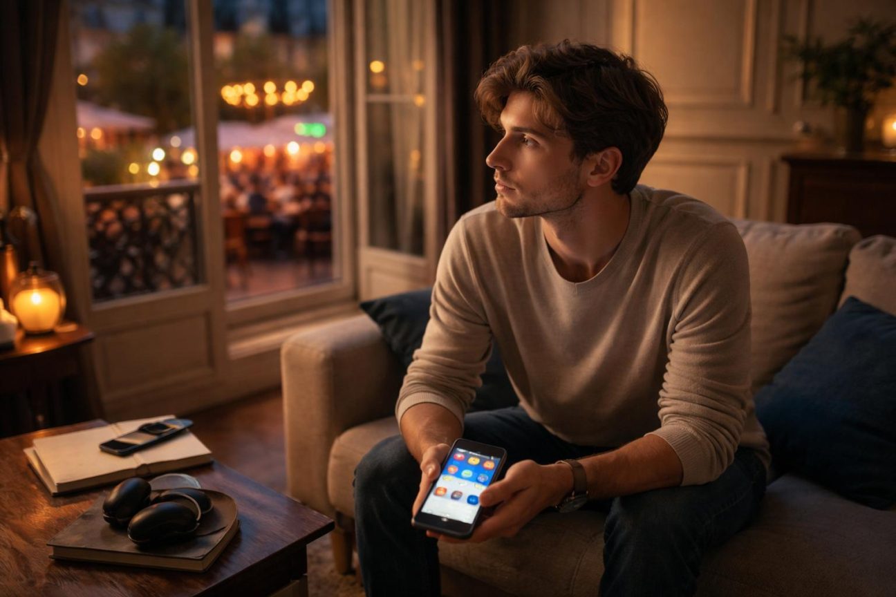 Personne introspective assise seule, contemplant son téléphone avec des messages de plans sociaux acceptés précédemment, symbolisant le conflit entre l'enthousiasme initial et le regret du jour J.
