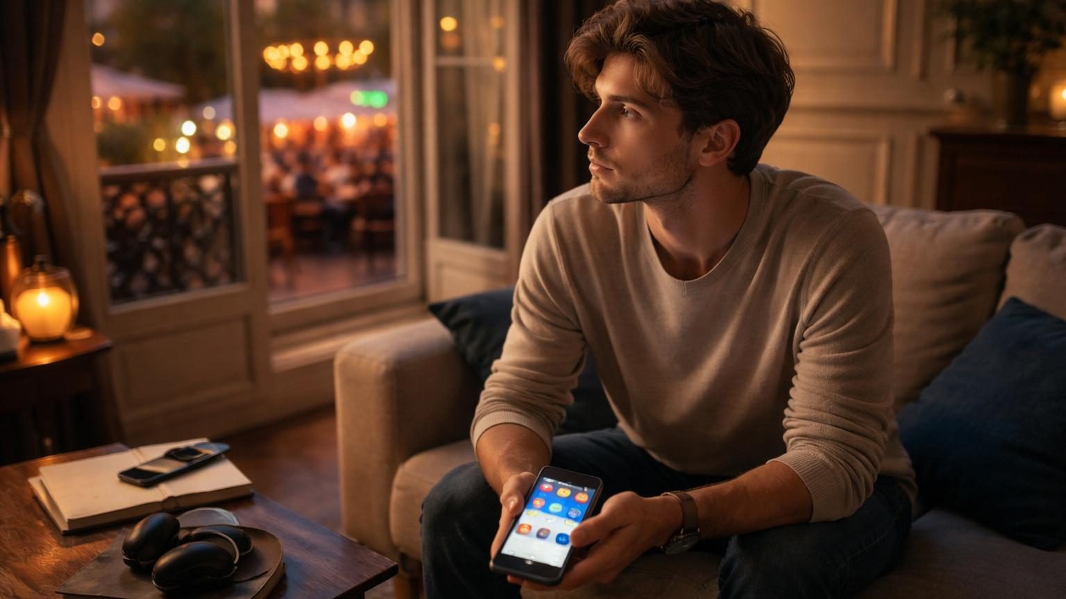 Personne introspective assise seule, contemplant son téléphone avec des messages de plans sociaux acceptés précédemment, symbolisant le conflit entre l'enthousiasme initial et le regret du jour J.