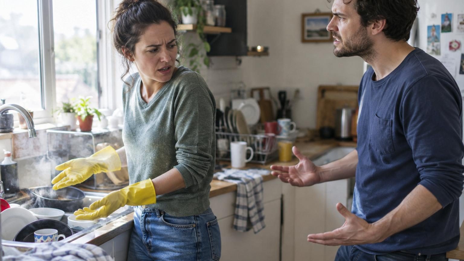 Un couple assis à une table de cuisine, l'un pointant un évier rempli d'assiettes sales tandis que l'autre détourne le regard, illustrant la tension relationnelle sous-jacente.