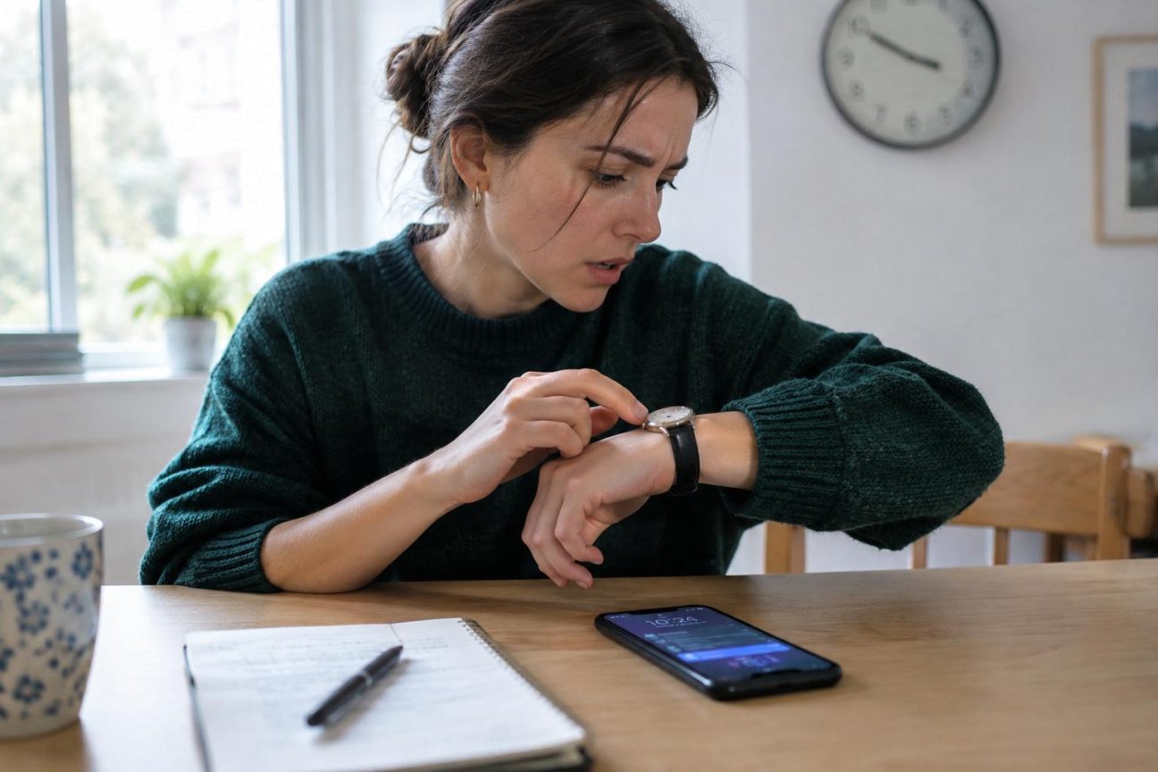 Personne regardant l'heure sur un smartphone lumineux entouré d'icônes colorées et de notifications, contrastée avec une simple montre analogique affichant l'heure.