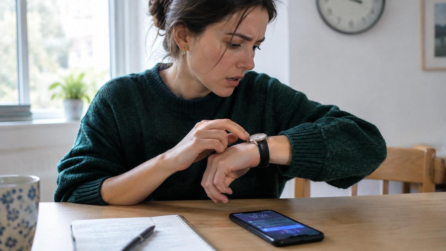 Personne regardant l'heure sur un smartphone lumineux entouré d'icônes colorées et de notifications, contrastée avec une simple montre analogique affichant l'heure.