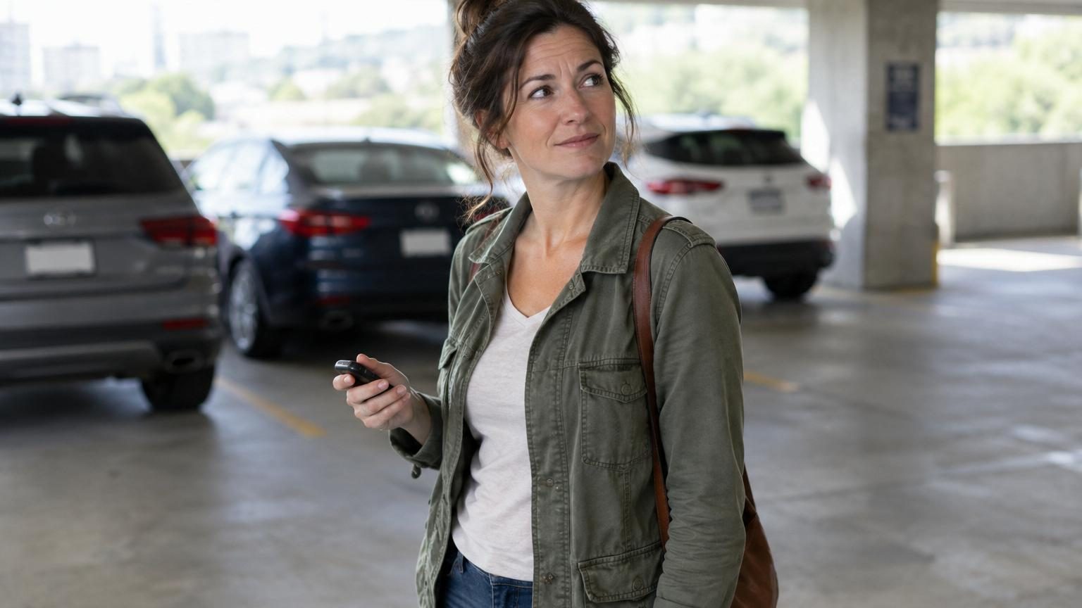 Personne cherchant sa voiture perdue sur un grand parking bondé sous le soleil, illustrant le phénomène courant d'oubli de localisation.