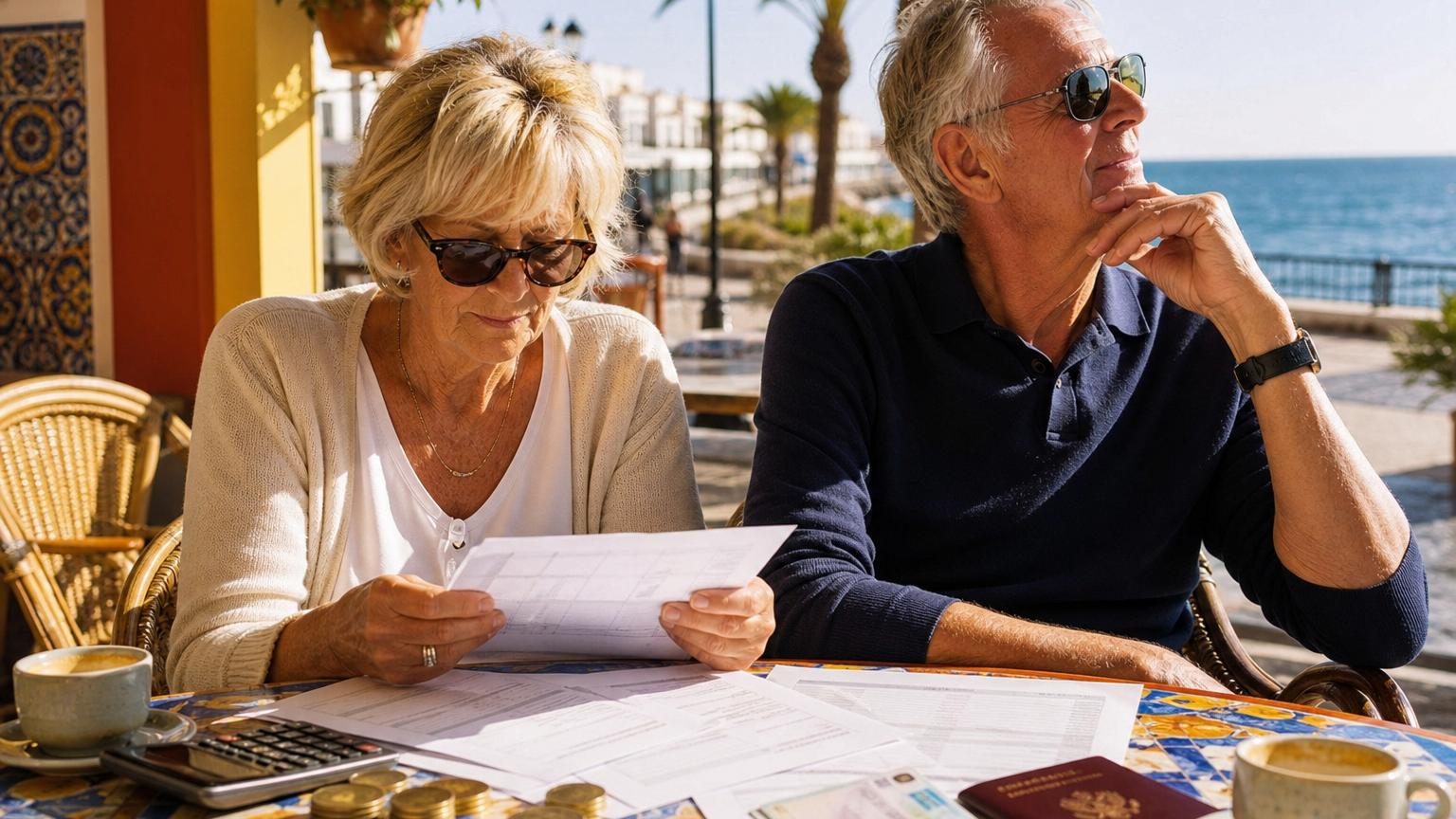 Terrasse de café à Faro au Portugal avec des conversations de retraités français, tables avec relevés bancaires et factures d'électricité, vue sur l'océan Atlantique.