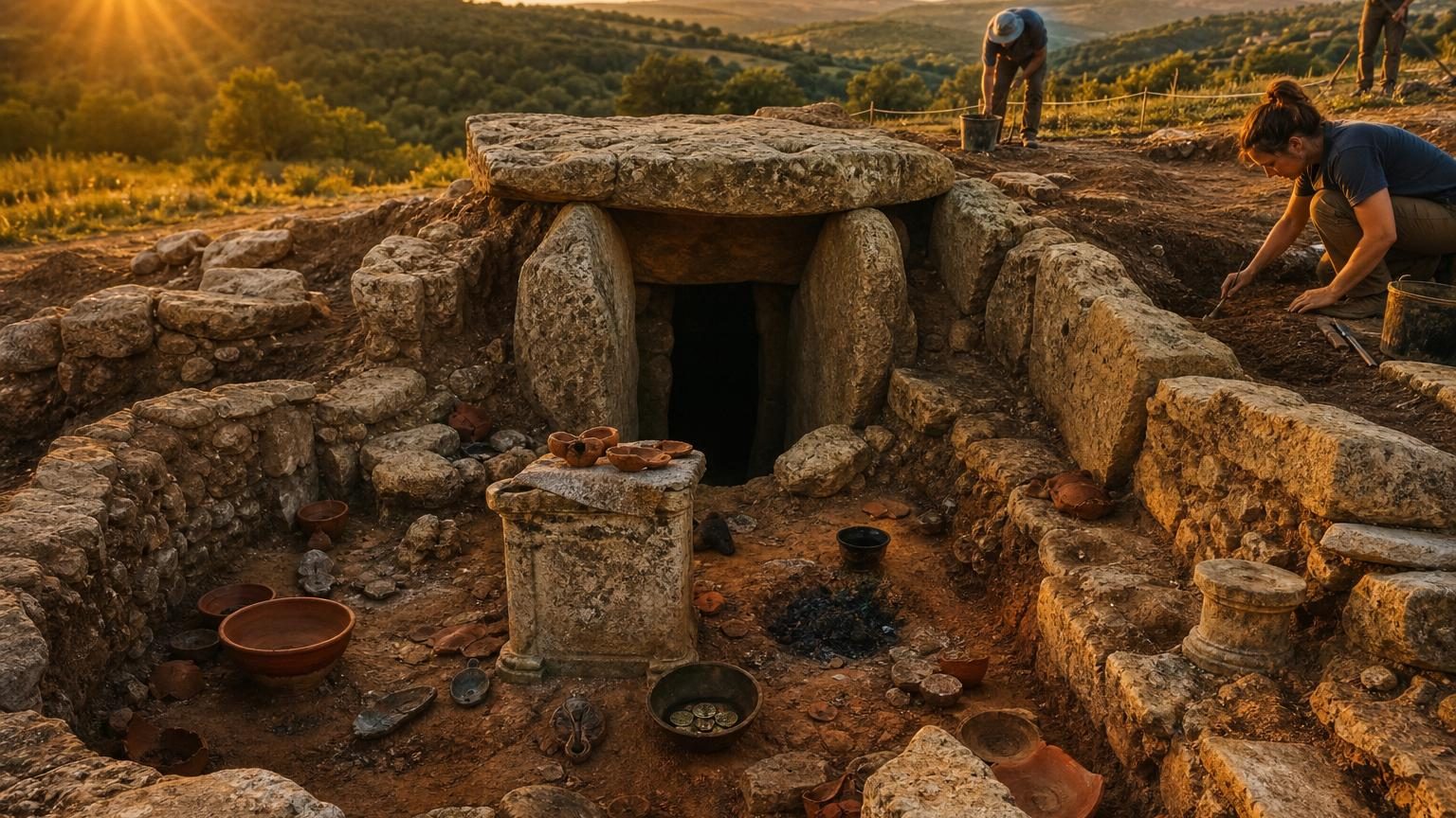 Amas de pierres anciennes formant les vestiges d'une tombe de l'âge du Bronze, réutilisée ultérieurement par les Romains comme espace religieux.
