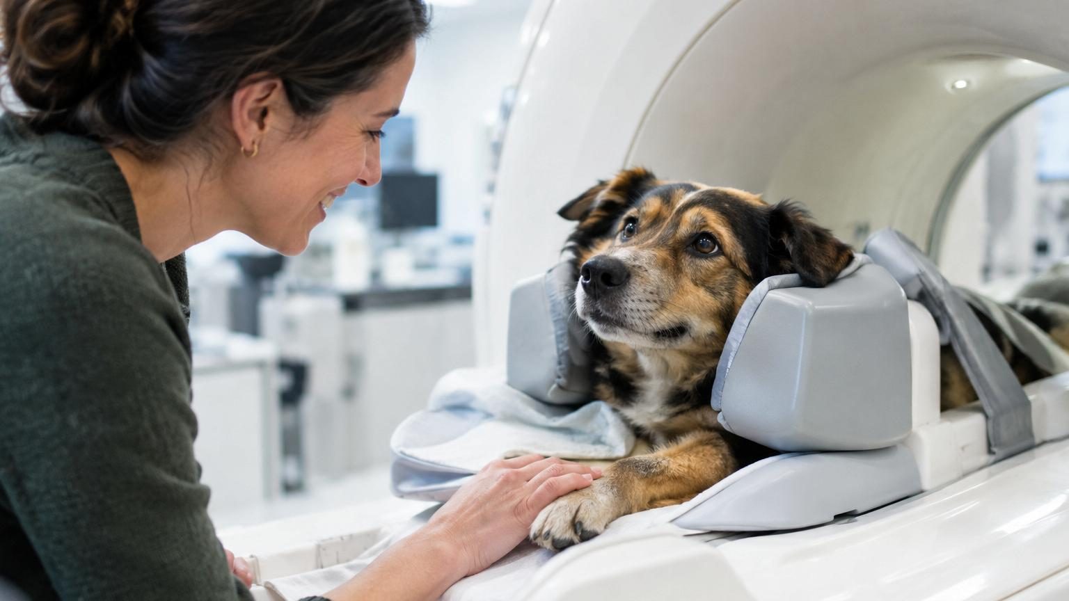 Scanner cérébral montrant l'activation neurologique du cerveau d'un chien face à un visage humain souriant