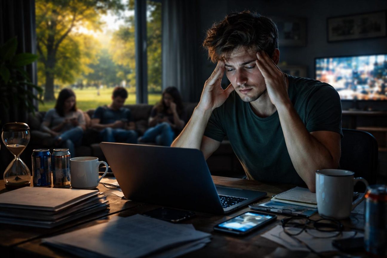 Illustration conceptuelle montrant un cerveau stylisé avec des symboles de sommeil, de lumière naturelle, d'horloge, de croissance mentale, de productivité et d'interactions sociales positives autour.