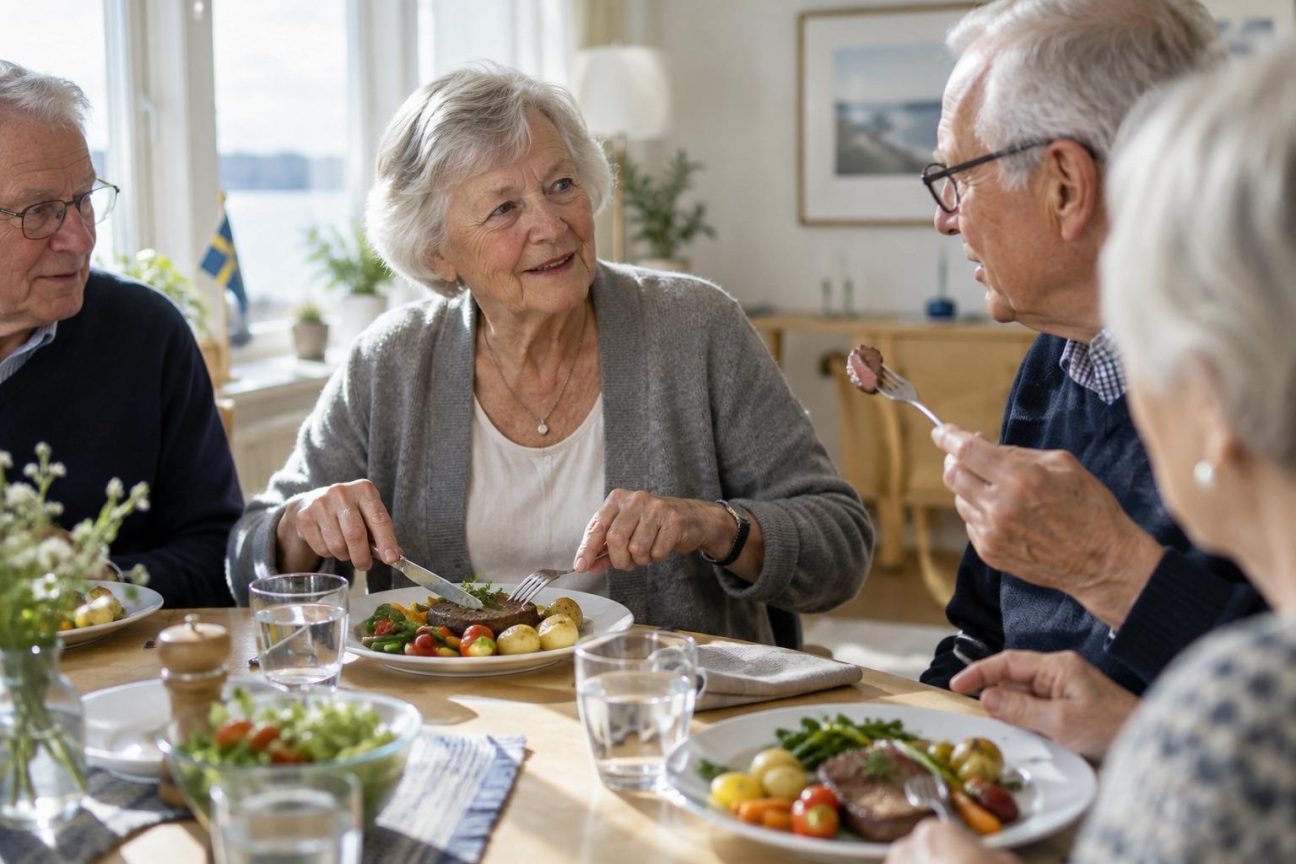 Seniors autour d'une table mangeant un repas avec différentes viandes fraîches et légumes colorés