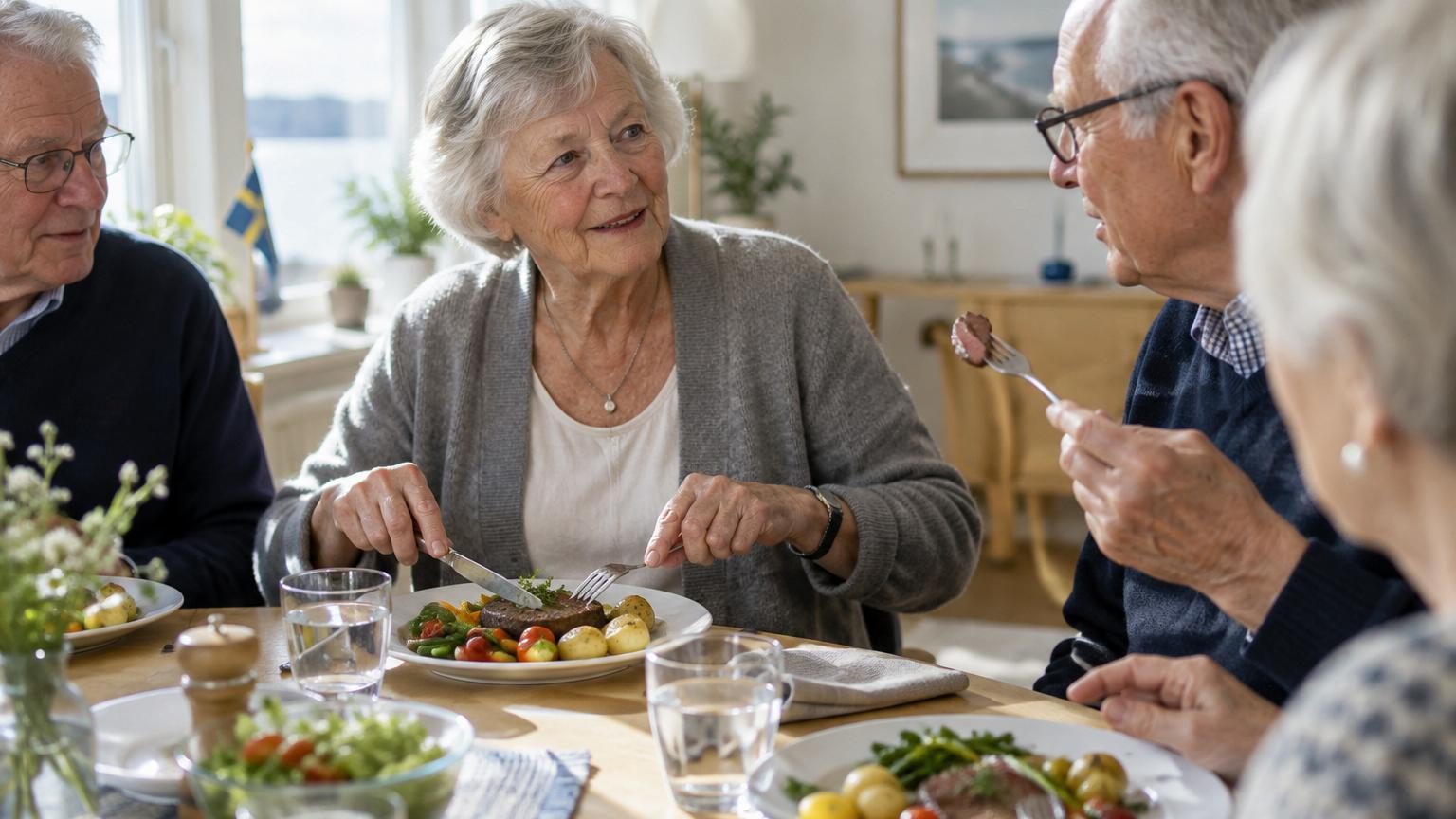 Seniors autour d'une table mangeant un repas avec différentes viandes fraîches et légumes colorés