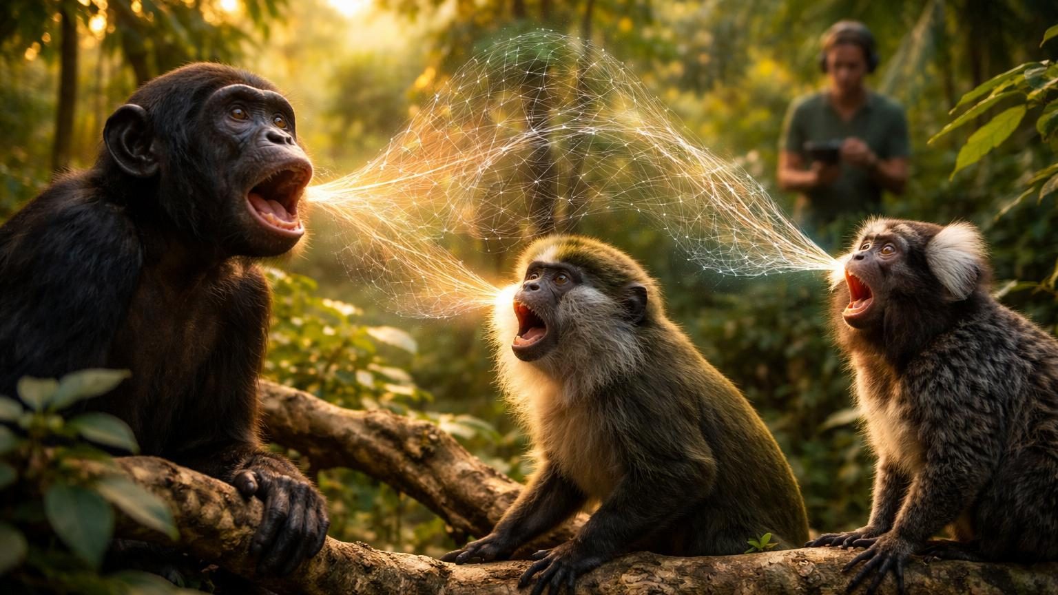 Illustration scientifique montrant des singes en interaction vocale avec des symboles graphiques représentant des structures linguistiques imbriquées flottant au-dessus d'eux.
