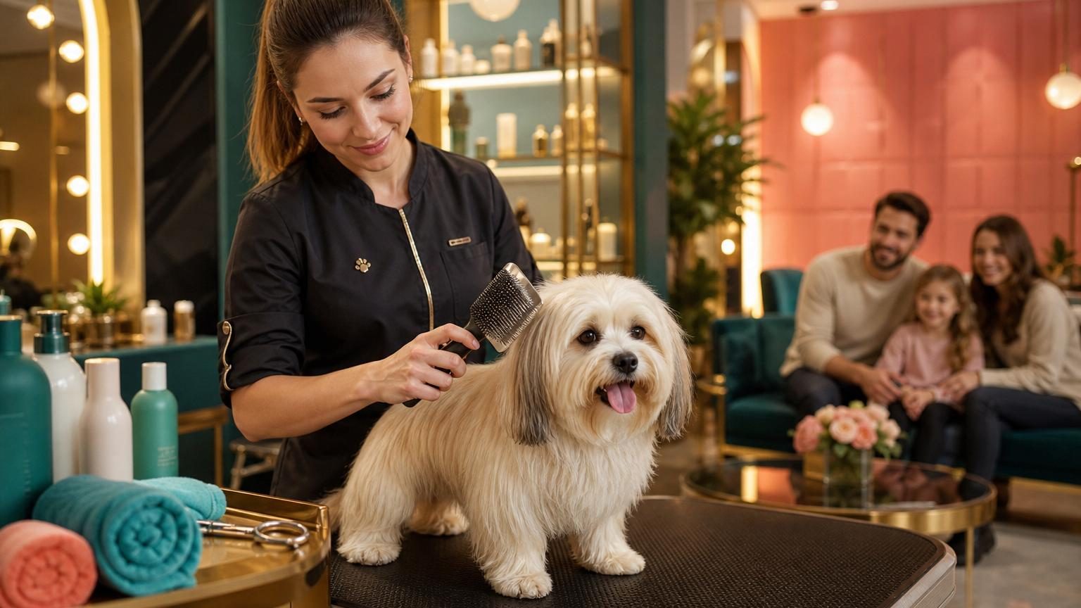 Toiletteur professionnel séchant et brossant le pelage d'un petit chien blanc dans un salon spécialisé bien équipé.