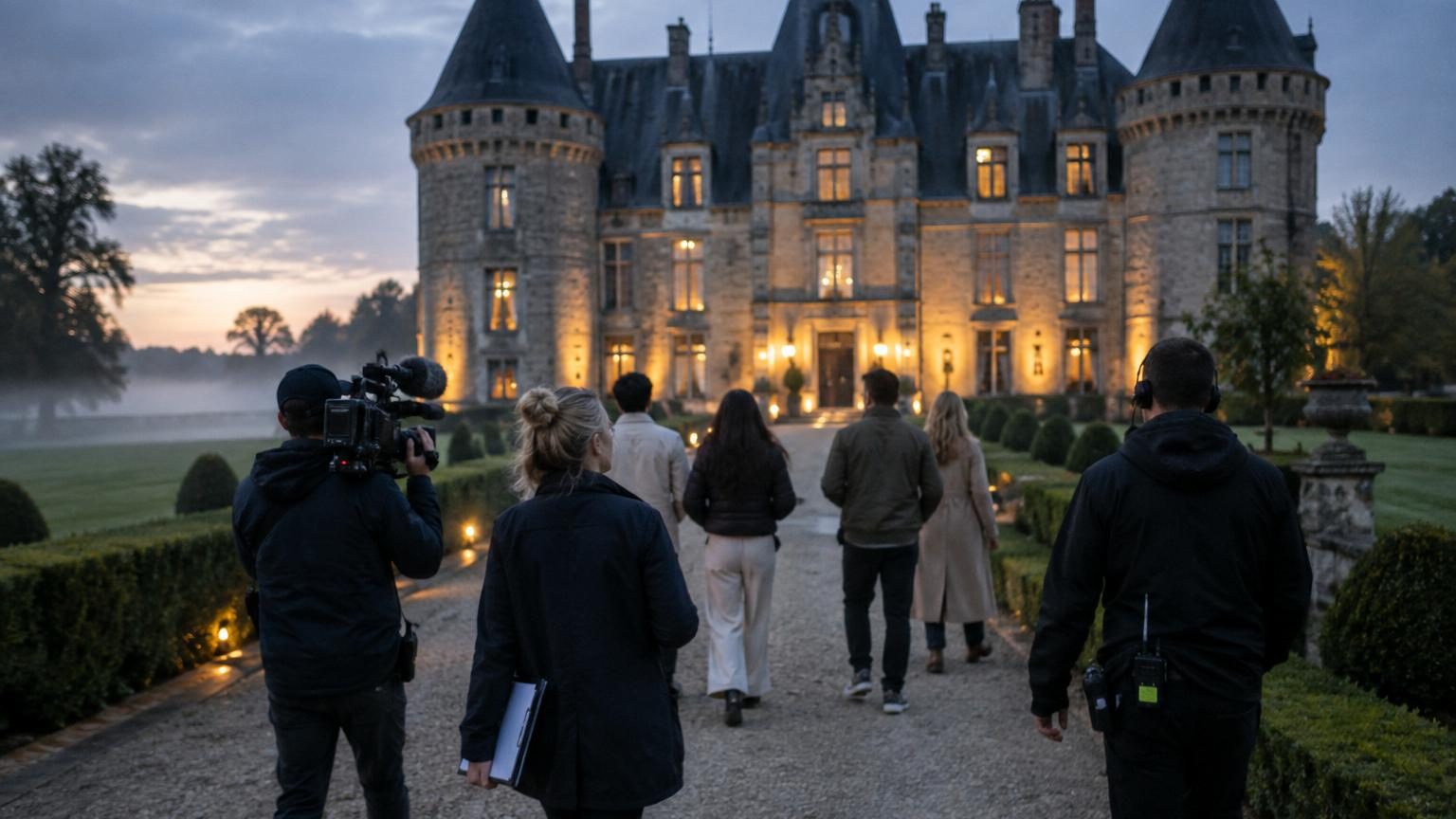 Château écossais enveloppé de brume avec salons tapissés de boiseries, symbole du décor originel du jeu télé Les Traîtres.