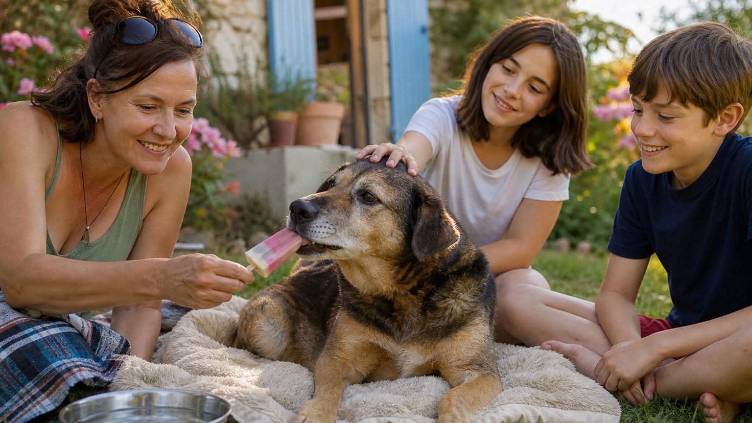 Un chien roux et blanc, autrefois errant, repose paisiblement auprès d'une famille d'accueil qui lui offre attention et soins réguliers
