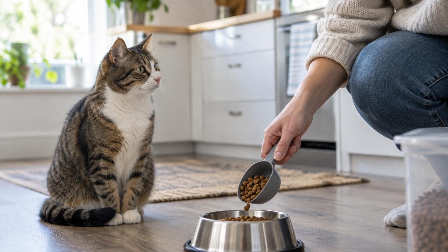 Un chat domestique assis près de sa gamelle vide, attendant patiemment le retour de son propriétaire pour commencer son repas