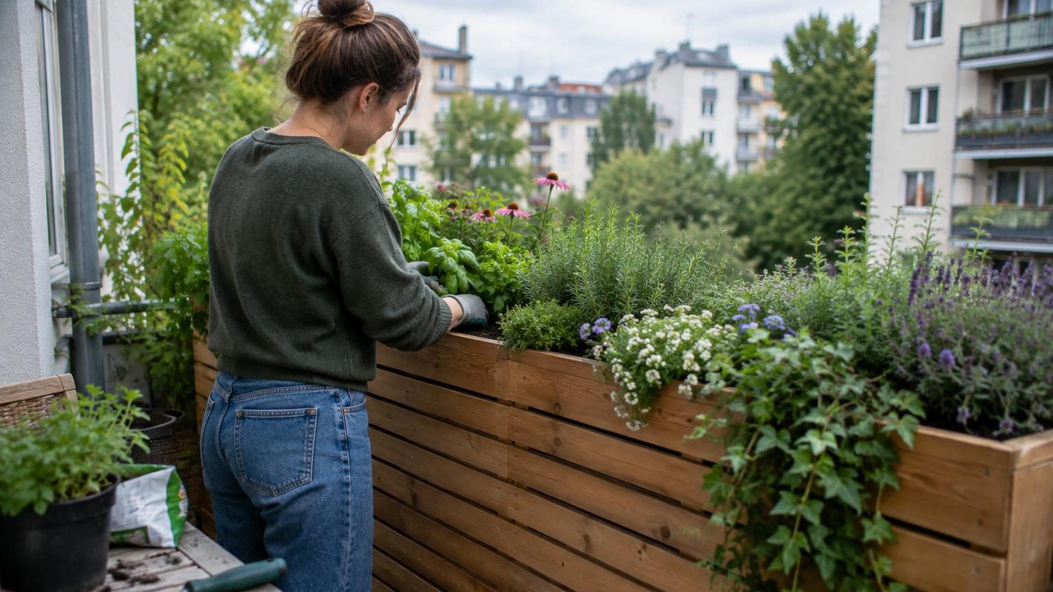 Jardinière en bois massif de couleur naturelle, dotée d'un bac profond et d'un treillis vertical d'un mètre de haut, installée sur un balcon ou une terrasse urbaine avec des plantes grimpantes en développement.
