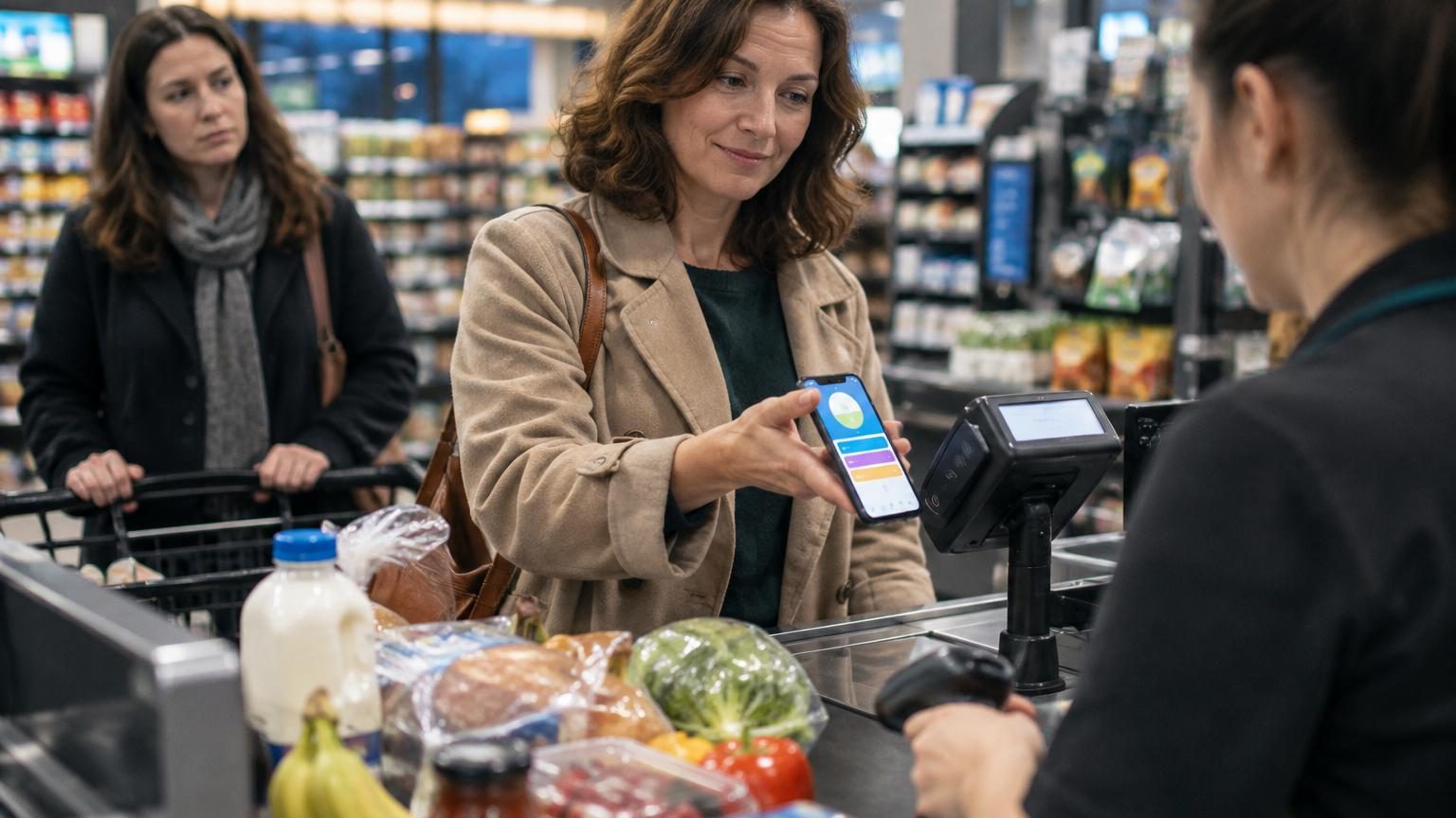 Interface d'application Lidl Plus affichant une cagnotte numérique de points avec des coupons de récompense et un QR code à scanner en caisse