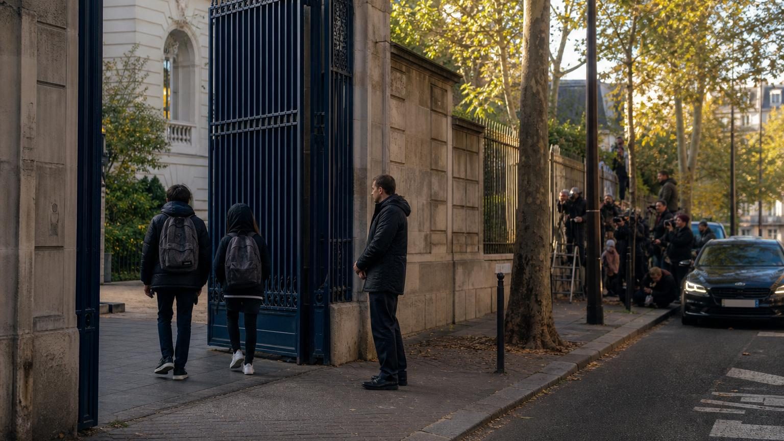 Portail d'entrée d'un collège parisien avec des élèves à la sortie des cours, symbolisant le quotidien ordinaire et discret de la vie scolaire.