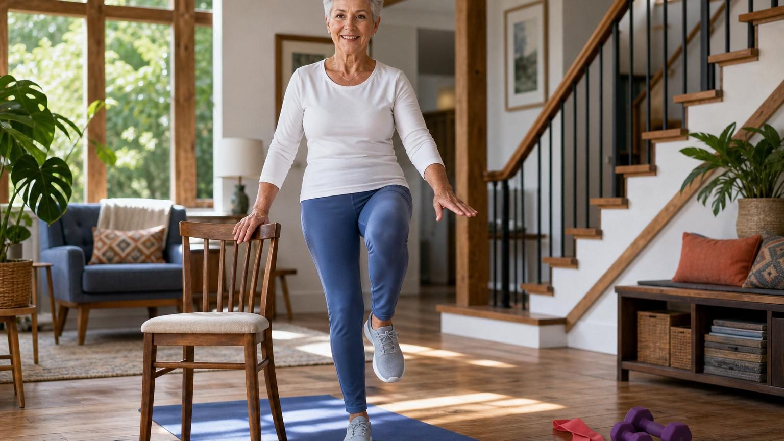 Femme septuagénaire effectuant un exercice de renforcement musculaire simple à domicile, démontrant une posture correcte et stable.