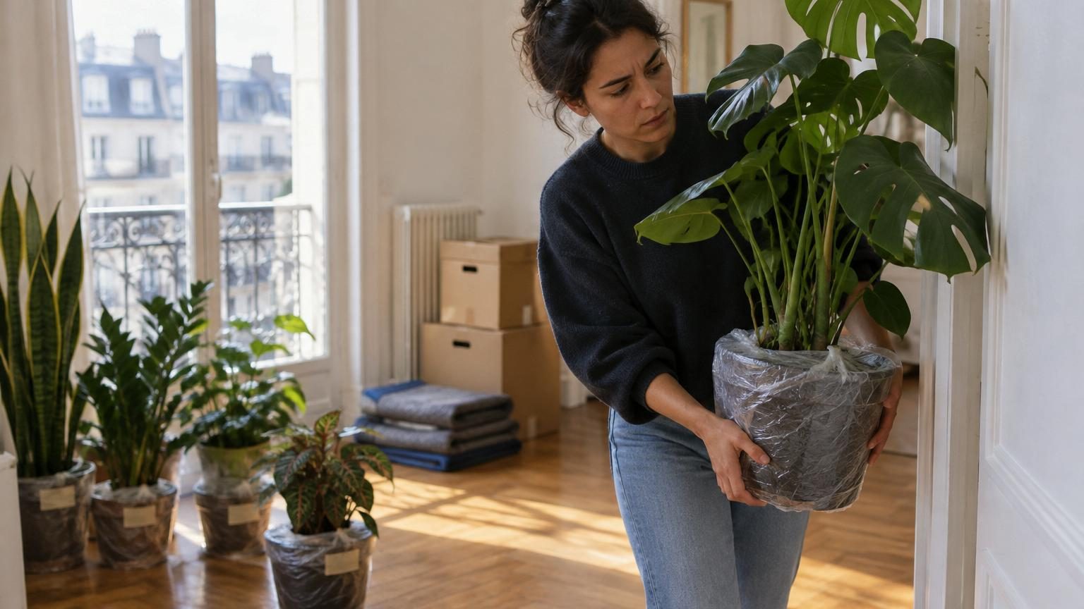 Scène d'un balcon ou terrasse loués aménagés avec plusieurs pots, bacs et jardinières alignés contenant des plantes colorées, un treillis végétal autoportant et une mini-serre en PVC, tous les éléments facilement transportables.