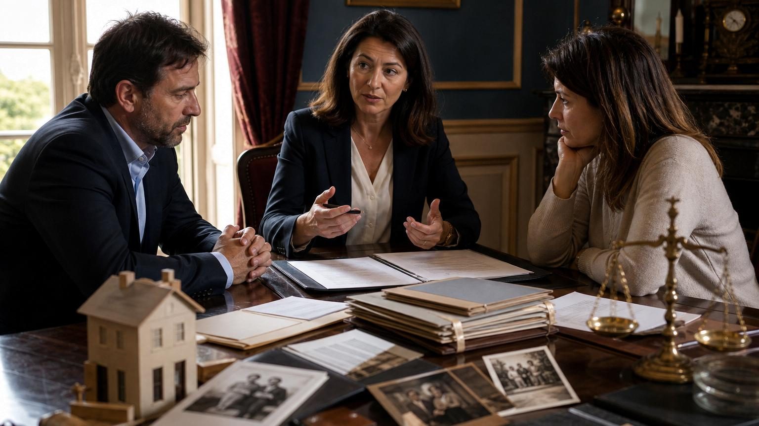 Illustration conceptuelle d'une famille autour d'une table discutant de documents relatifs à un héritage et des donations antérieures.