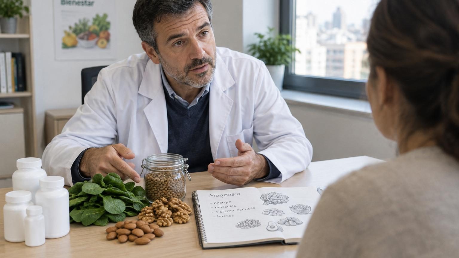Illustration montrant une variété d'aliments riches en magnésium : amandes, lentilles, épinards, céréales complètes, disposés autour d'un minéral de magnésium cristallin