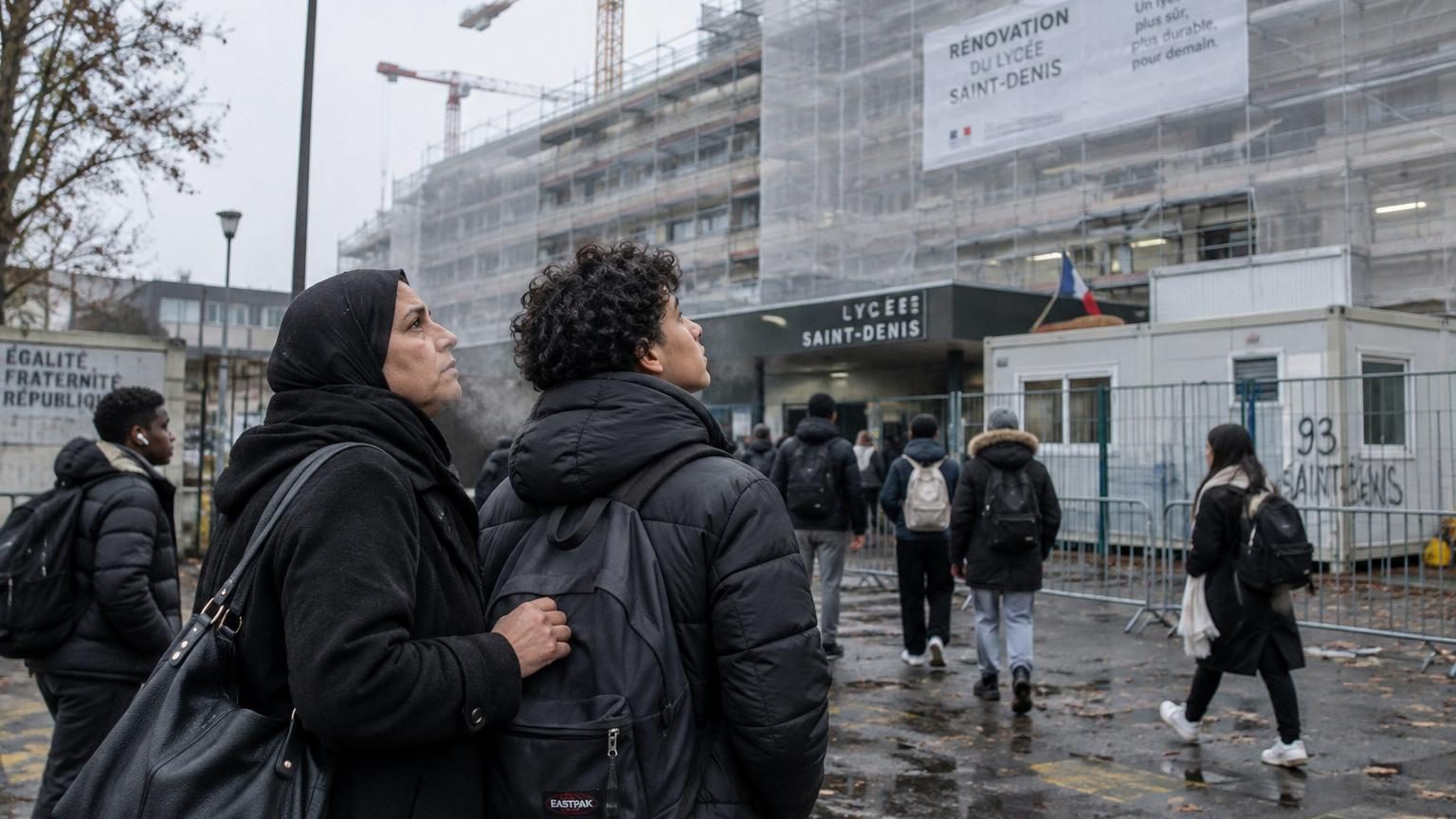 Lycéens et parents devant le lycée de Saint-Denis avec échafaudages de rénovation sur la façade et panneaux de chantier