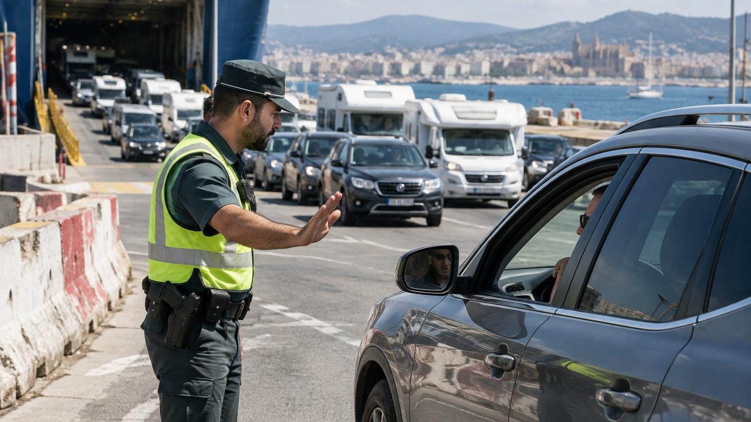 Port de Majorque avec des véhicules et des ferries en haute saison estivale, symbolisant la congestion routière et maritime sur l'île espagnole.