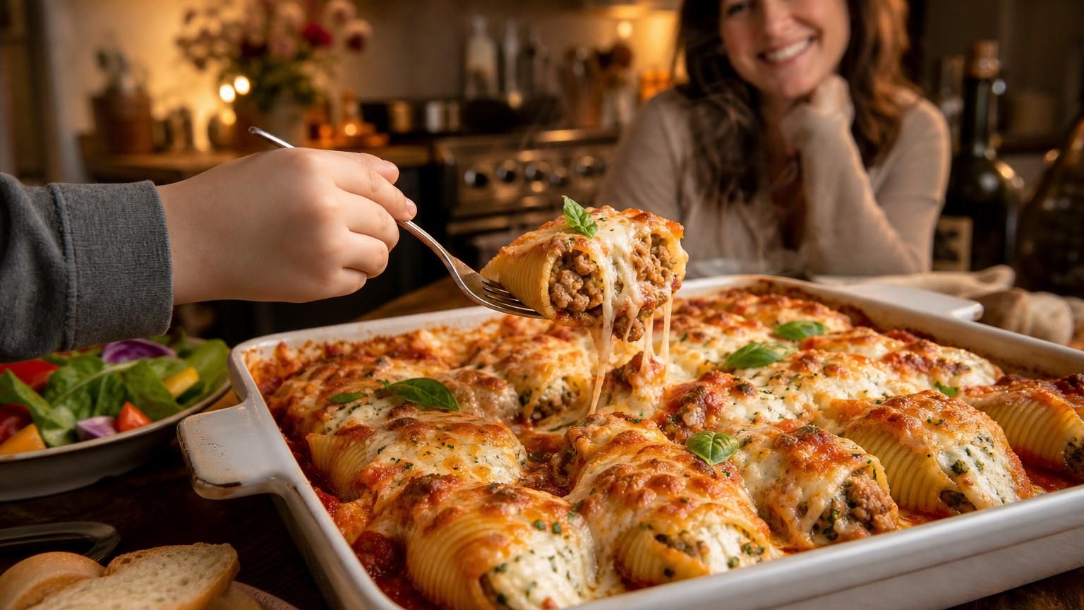 Un plat rectangulaire de conchiglioni dorés au fromage gratiné, garnis de viande et légumes, posé sur une table entourée de familles dînant ensemble