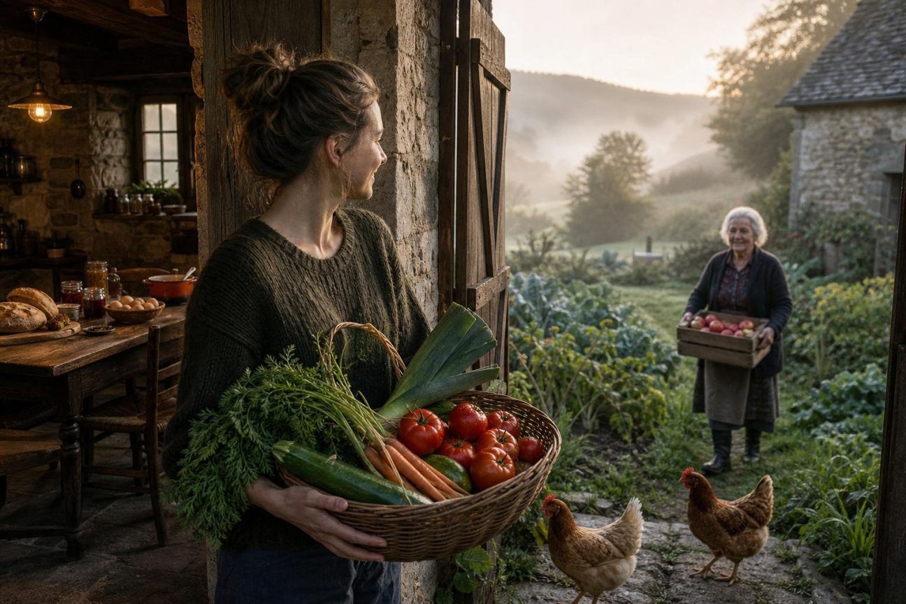 Une femme en cuisine regarde par une fenêtre ouverte sur des champs verdoyants et brumeux ; des bocaux de conserves maison sont visibles sur l'étagère.