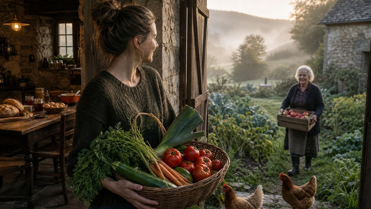 Une femme en cuisine regarde par une fenêtre ouverte sur des champs verdoyants et brumeux ; des bocaux de conserves maison sont visibles sur l'étagère.