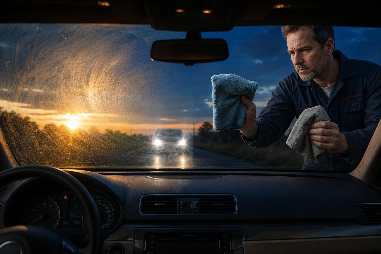 Un professionnel nettoie l'intérieur d'un pare-brise avec un chiffon microfibre, illustrant la technique correcte d'entretien automobile.