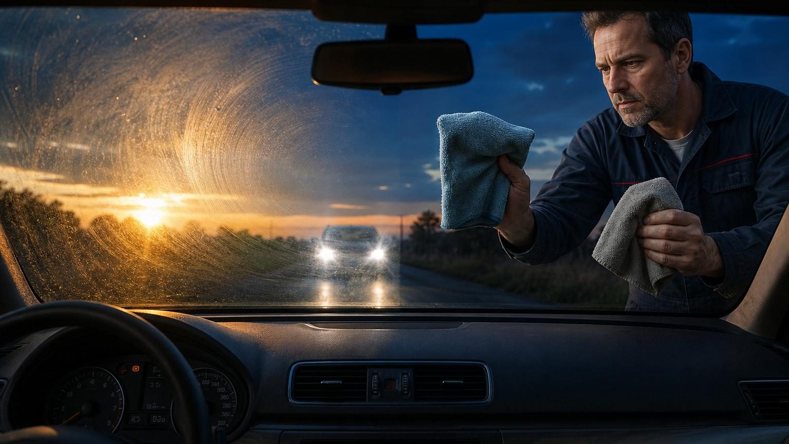 Un professionnel nettoie l'intérieur d'un pare-brise avec un chiffon microfibre, illustrant la technique correcte d'entretien automobile.