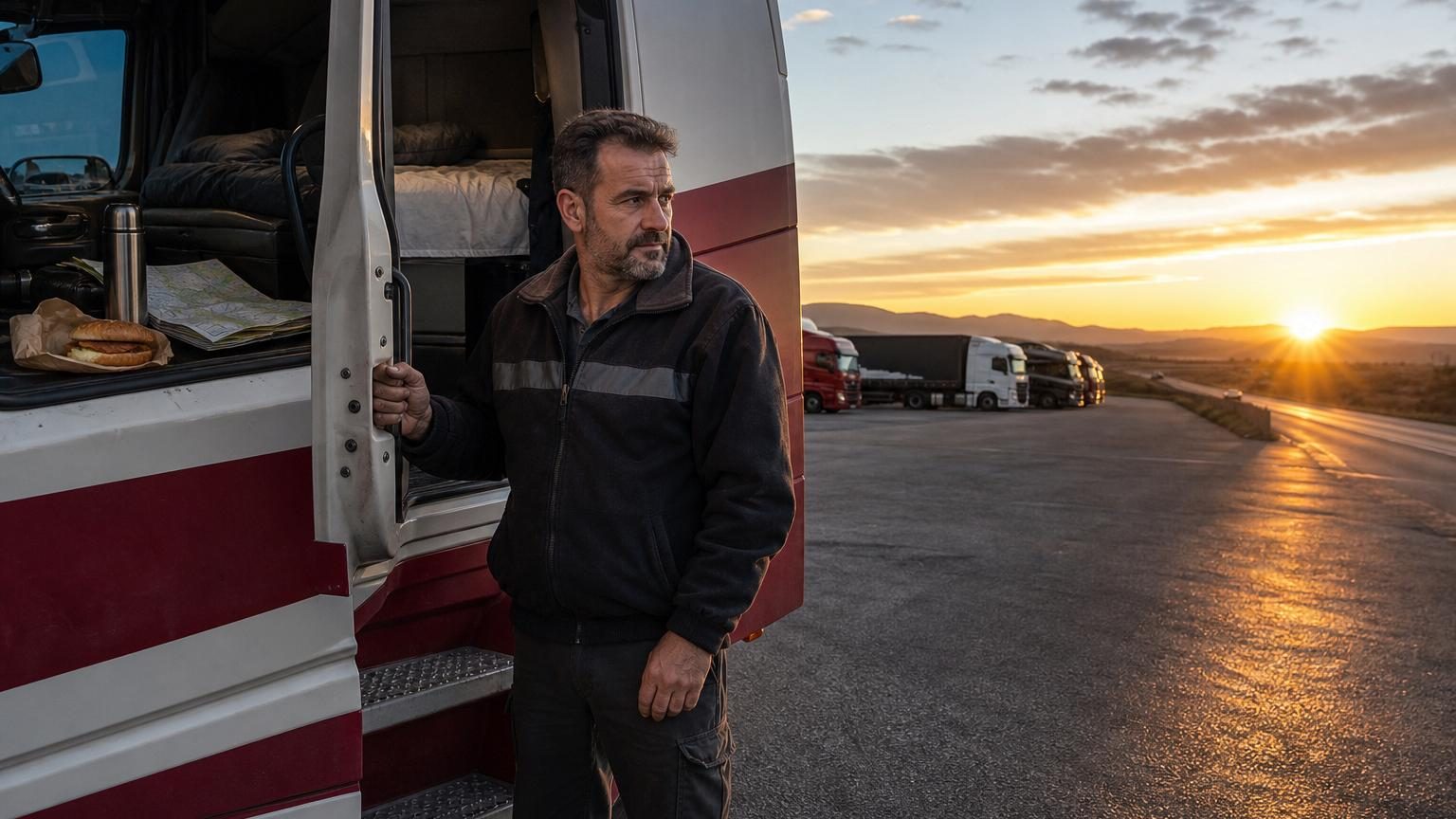 Marc, 42 ans, chauffeur routier, à l'aube près de son camion sur une aire de repos en Espagne, fermant la porte de sa cabine avant une journée de route.
