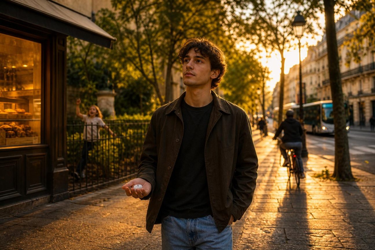 Personne marchant seule dans une rue calme, sans écouteurs, observant son environnement urbain avec attention et sérénité.