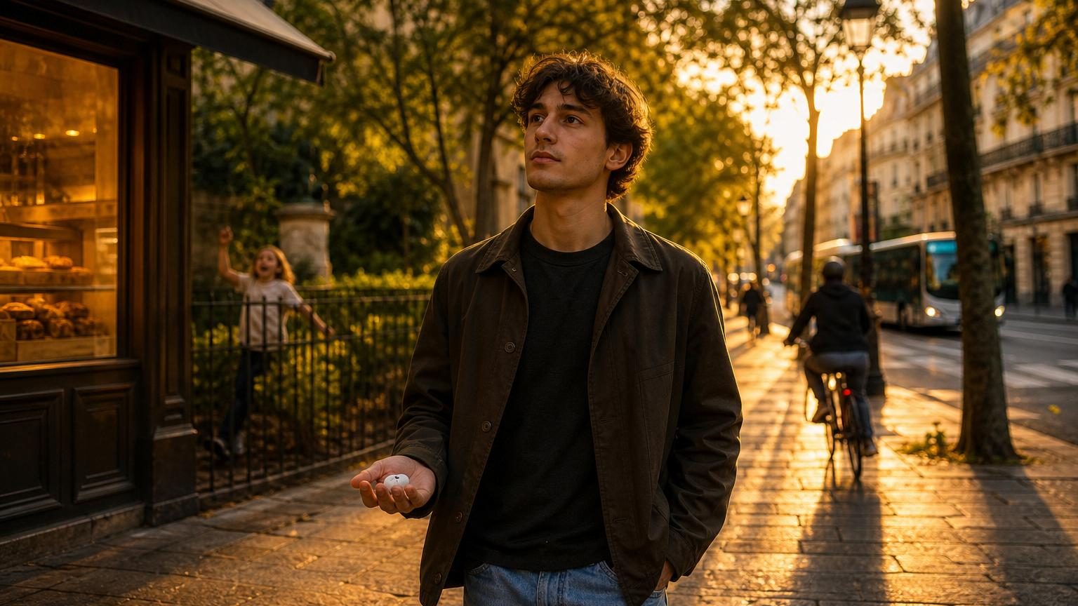 Personne marchant seule dans une rue calme, sans écouteurs, observant son environnement urbain avec attention et sérénité.