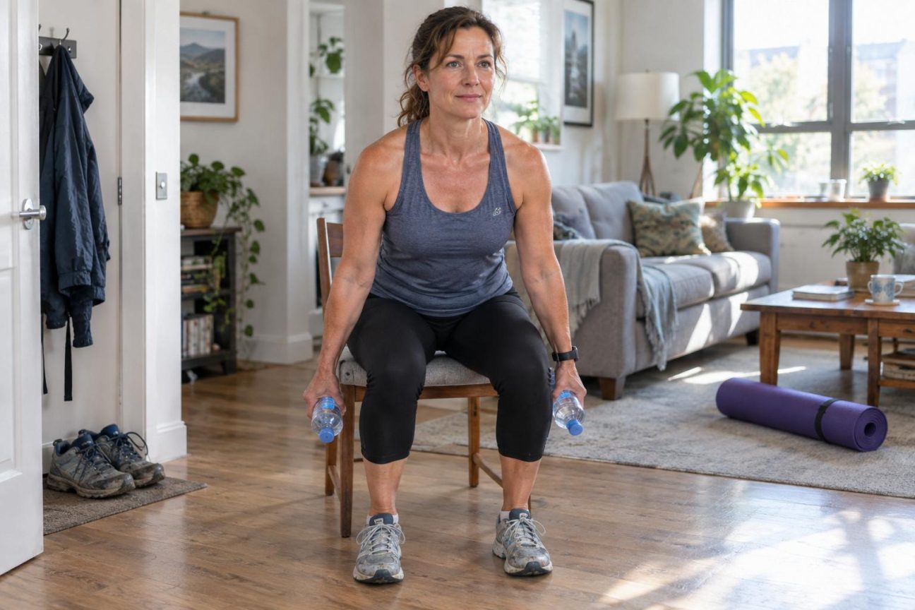 Femme quadragénaire effectuant un exercice de renforcement musculaire simple à domicile avec une chaise, illustrant les mouvements accessibles pour débuter le travail contre résistance.