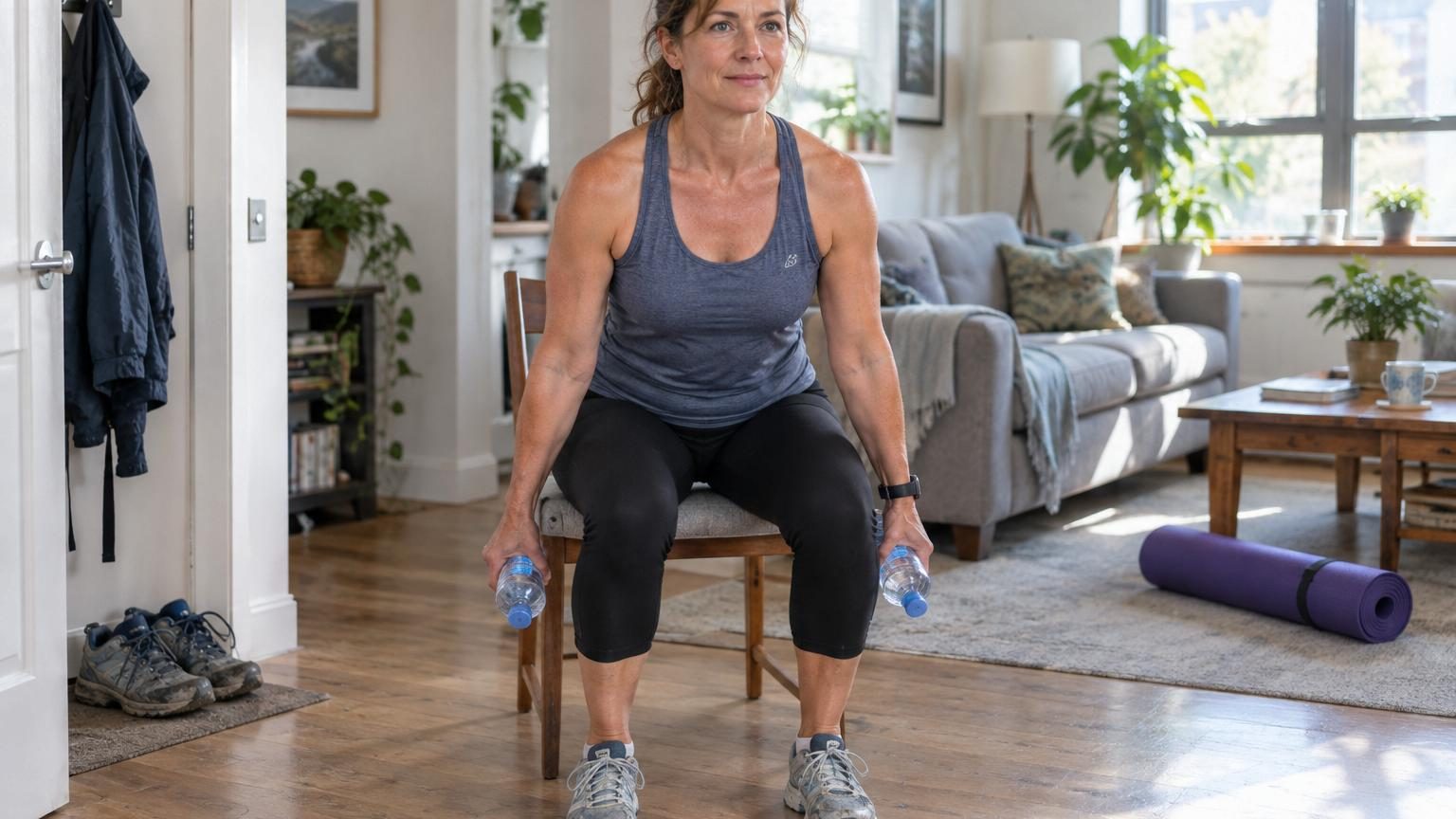 Femme quadragénaire effectuant un exercice de renforcement musculaire simple à domicile avec une chaise, illustrant les mouvements accessibles pour débuter le travail contre résistance.