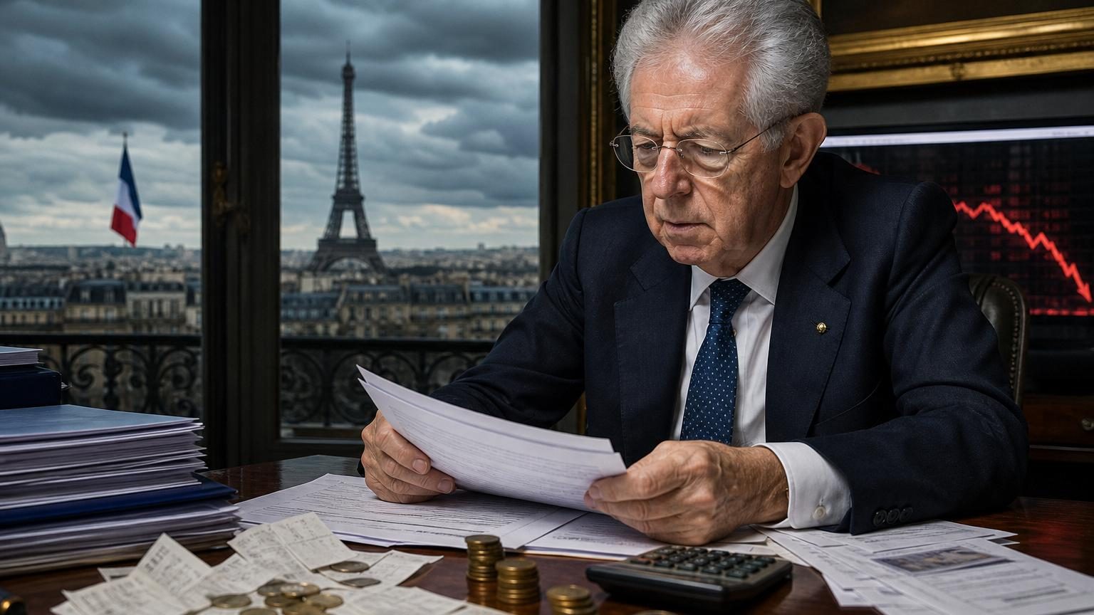 Mario Monti en chemise lors d'une allocution officielle, symbolisant son rôle d'économiste et ancien dirigeant italien avertissant sur les risques financiers.