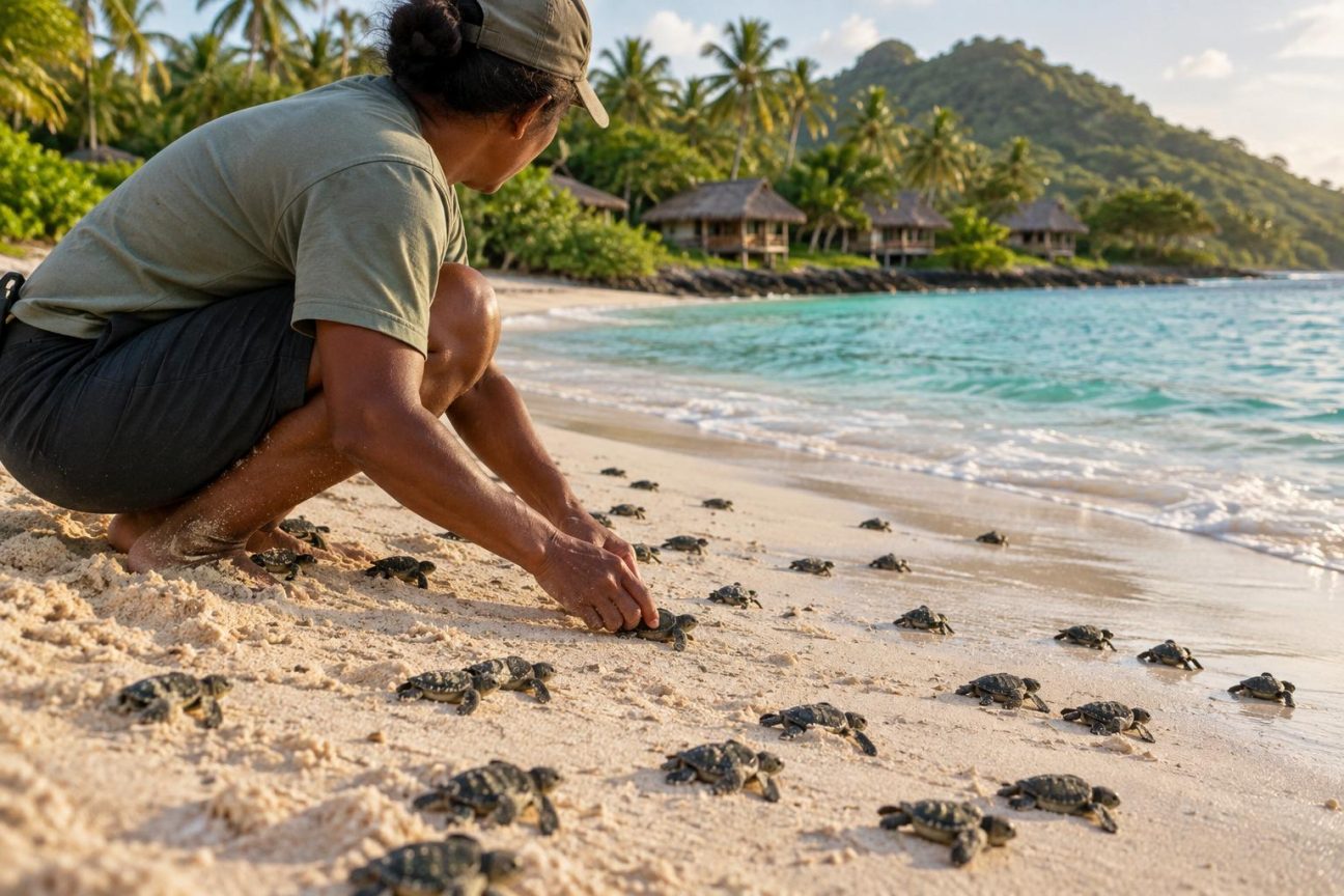 Vue aérienne de l'atoll de Tetiaroa en Polynésie française, avec ses lagons turquoise, ses petits îlots et ses plages de sable blanc où naissent les tortues vertes