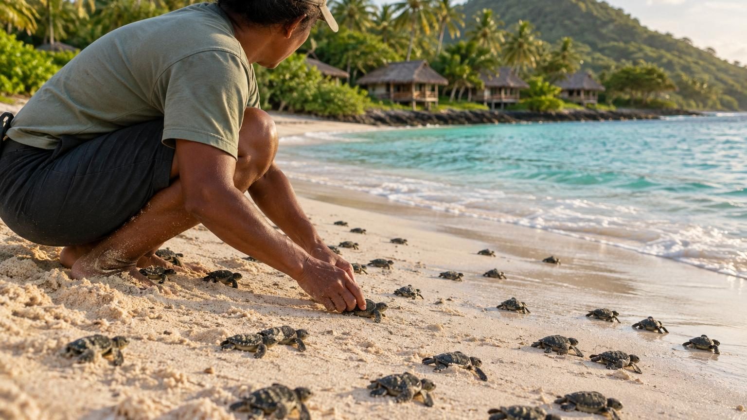Vue aérienne de l'atoll de Tetiaroa en Polynésie française, avec ses lagons turquoise, ses petits îlots et ses plages de sable blanc où naissent les tortues vertes