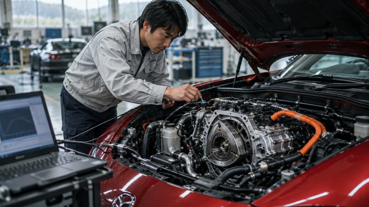Vue de trois quarts d'une Mazda sportive hybride futuriste dotée d'un moteur rotatif innovant, mêlant lignes aérodynamiques et technologie verte.