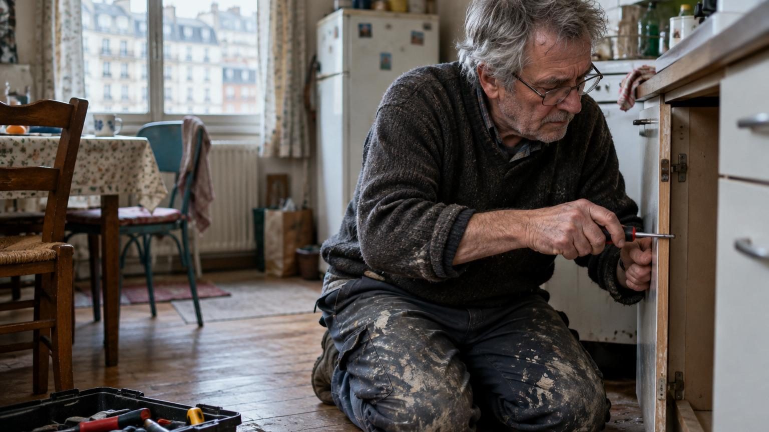 Un homme d'environ 66 ans, vêtu d'une vieille veste de travail, se prépare pour une mission de bricolage, une perceuse à la main, incarnant sa reconversion de médecin généraliste retraité.