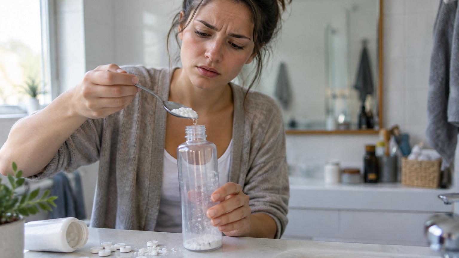 Flacon de shampoing avec comprimés d'aspirine blancs écrasés près du bouchon, sur fond blanc. Illustration du remède beauté viral.