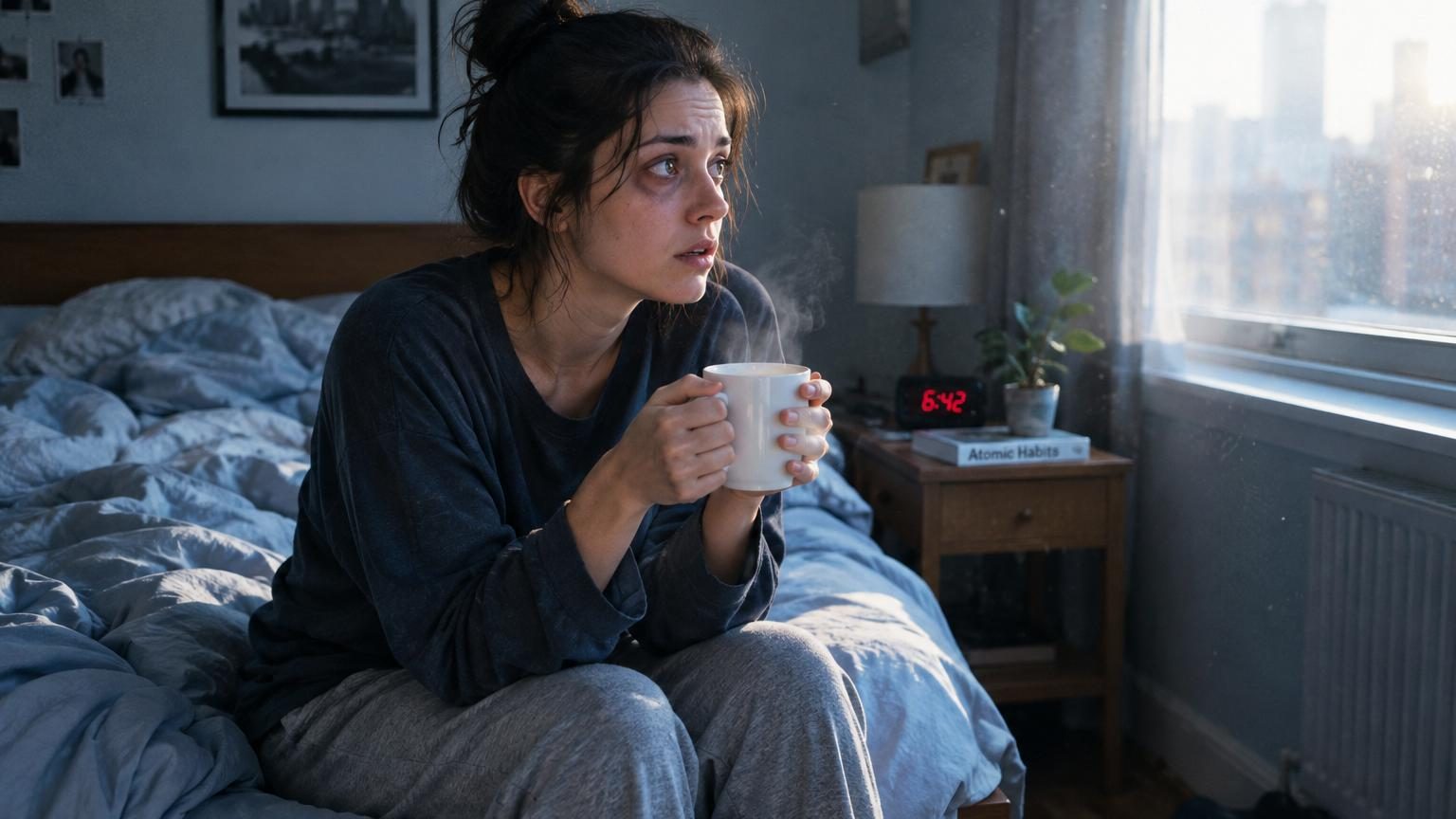 Tasse de café noir fumant à côté d'une lampe de chevet allumée sur une table de nuit, symbolisant la perturbation du sommeil par la caféine.